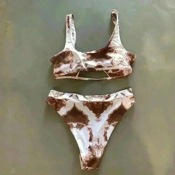 Women's Brown White Tie Dye Front Cut Out Two Piece Bikini Size M - Picture 7 of 7